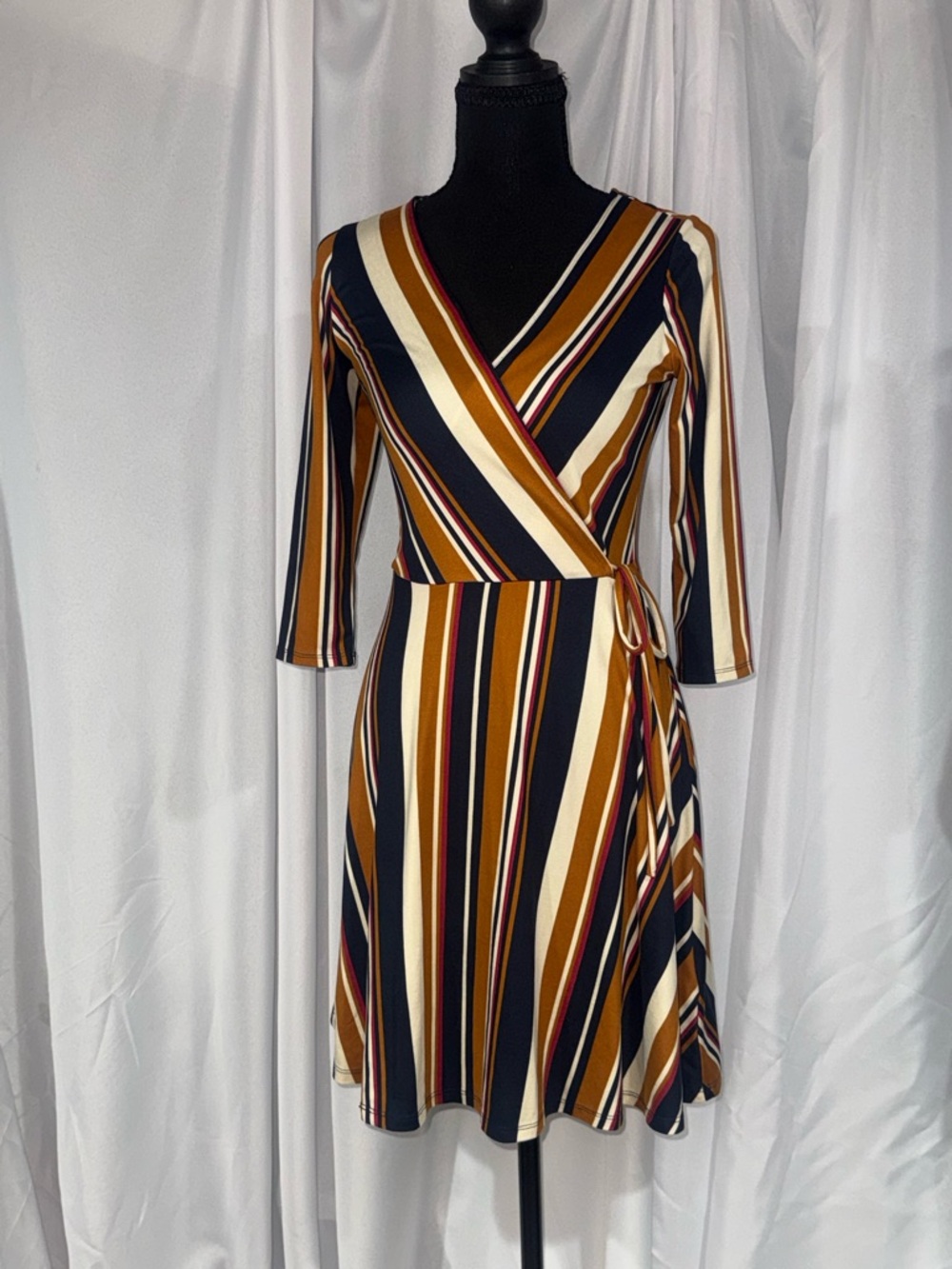 Iz Byer Striped Wrap Midi Dress in Navy, Mustard & Cream with Burgundy Accents